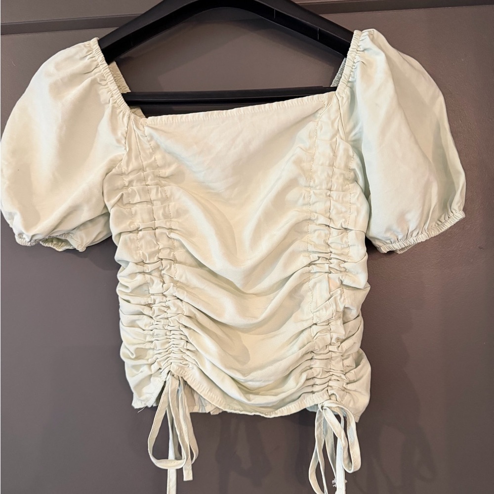 Ruched Puff Sleeve Square Neck Top - Light Mint size Small